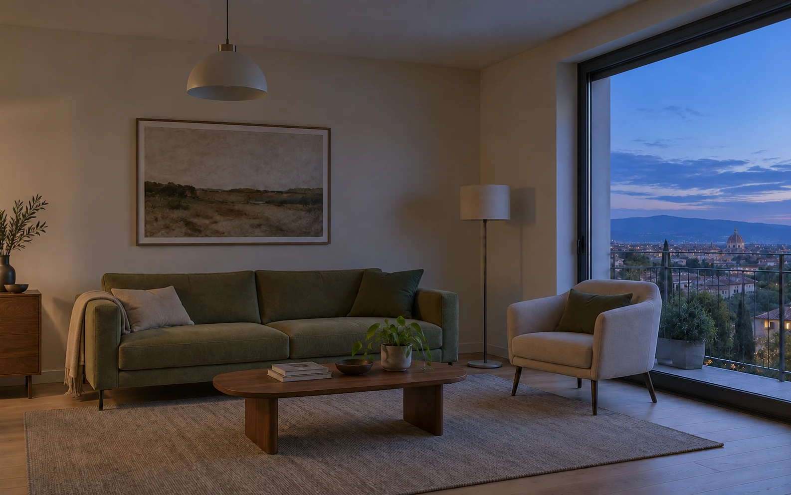 Soggiorno dimostrativo con illuminazione e tapparelle selezionate